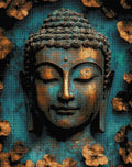 Fertiggestelltes 5D Diamond Painting Motiv eines friedlichen Buddhas in Türkis und Bronze als gerahmte Wanddekoration im Innenbereich.
