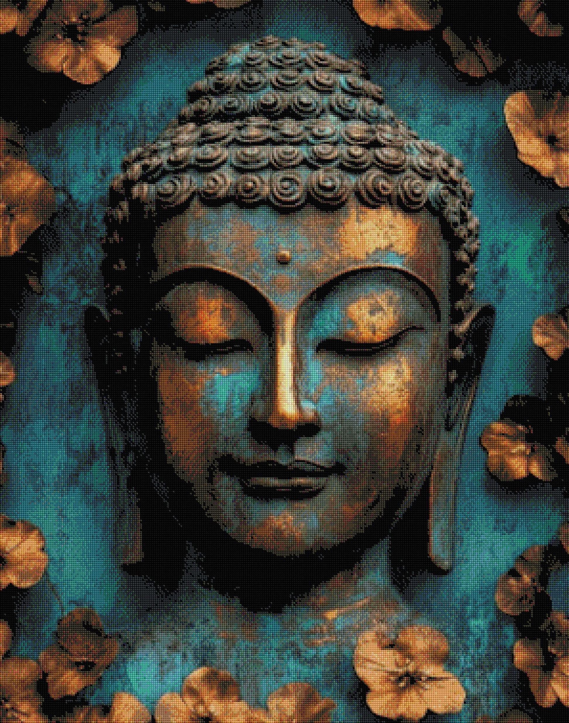Fertiggestelltes 5D Diamond Painting Motiv eines friedlichen Buddhas in Türkis und Bronze als gerahmte Wanddekoration im Innenbereich.