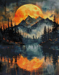 Fertiggestelltes 5D Diamond Painting-Bild der mystischen Fantasy-Landschaft mit dem leuchtend türkisfarbenen Wasserfall und dem großen Mond, als gerahmte Wanddekoration.