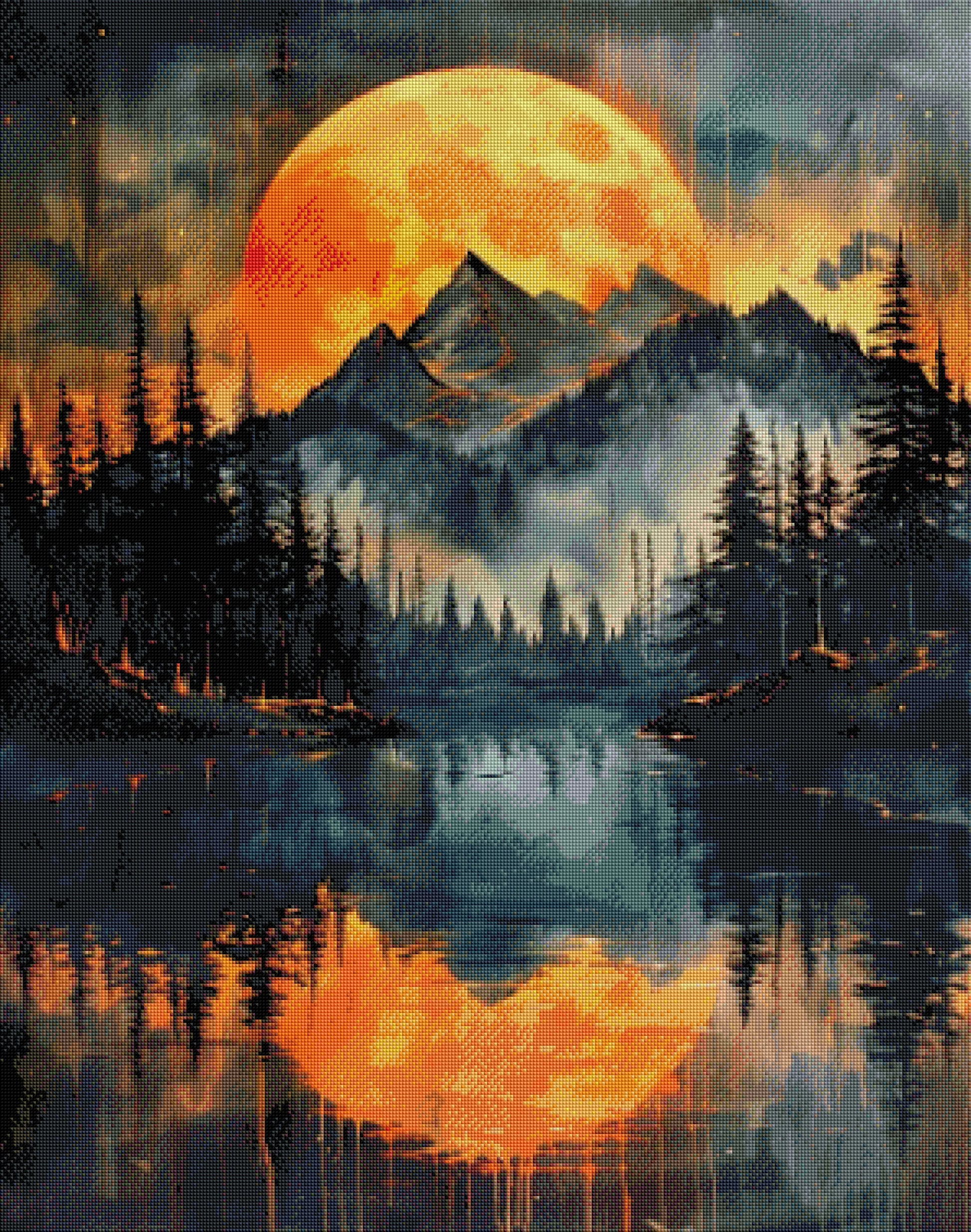 Fertiggestelltes 5D Diamond Painting-Bild der mystischen Fantasy-Landschaft mit dem leuchtend türkisfarbenen Wasserfall und dem großen Mond, als gerahmte Wanddekoration.