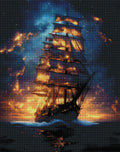 Fertiggestelltes 5D Diamond Painting Motiv eines goldenen Traumschiffs im Sternenmeer als gerahmte Wanddekoration im Innenbereich.