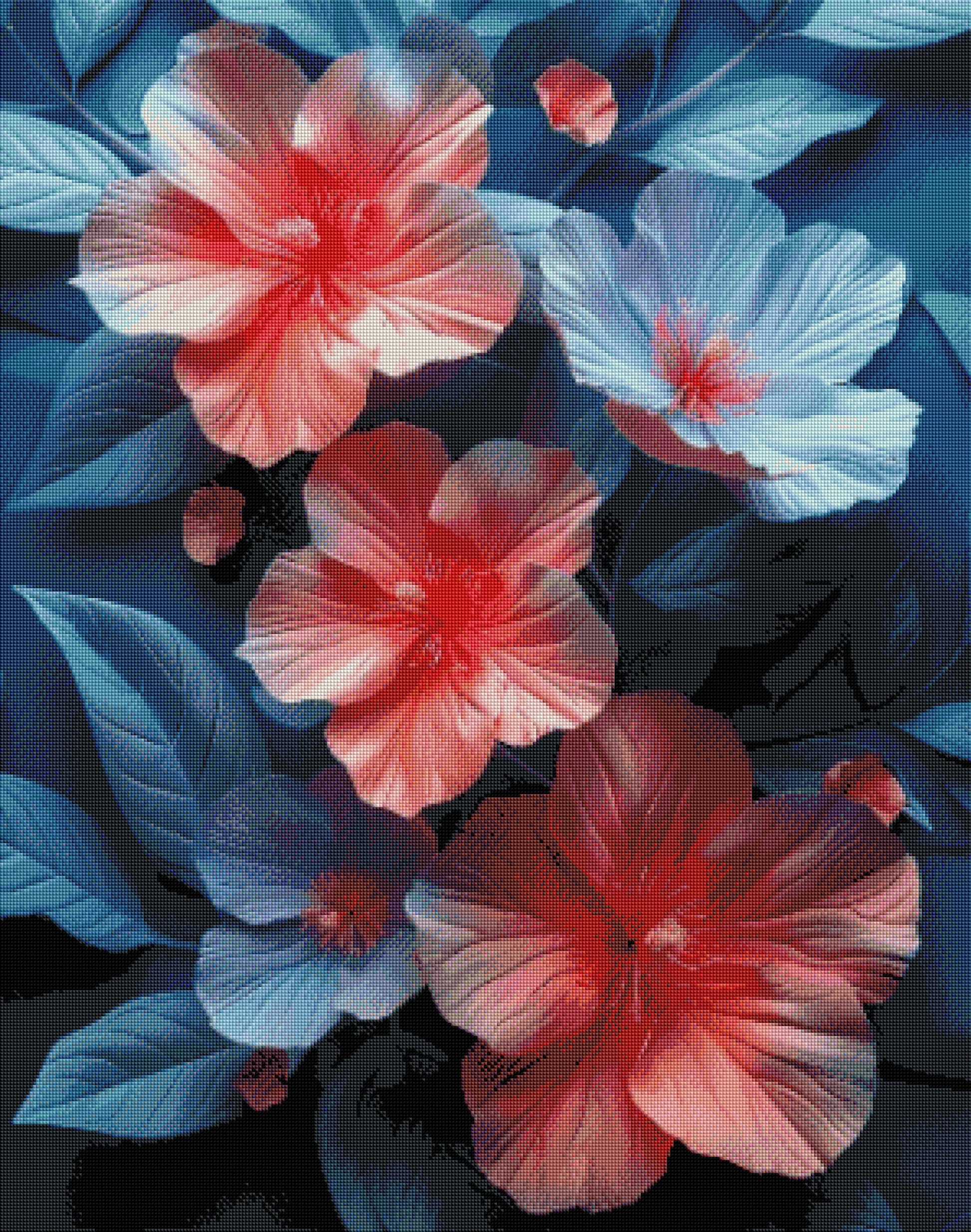 Fertiggestelltes 5D Diamond Painting Motiv von samtigen Hibiskusblüten in Koralle und Eisblau als gerahmte Wanddekoration im Innenbereich.