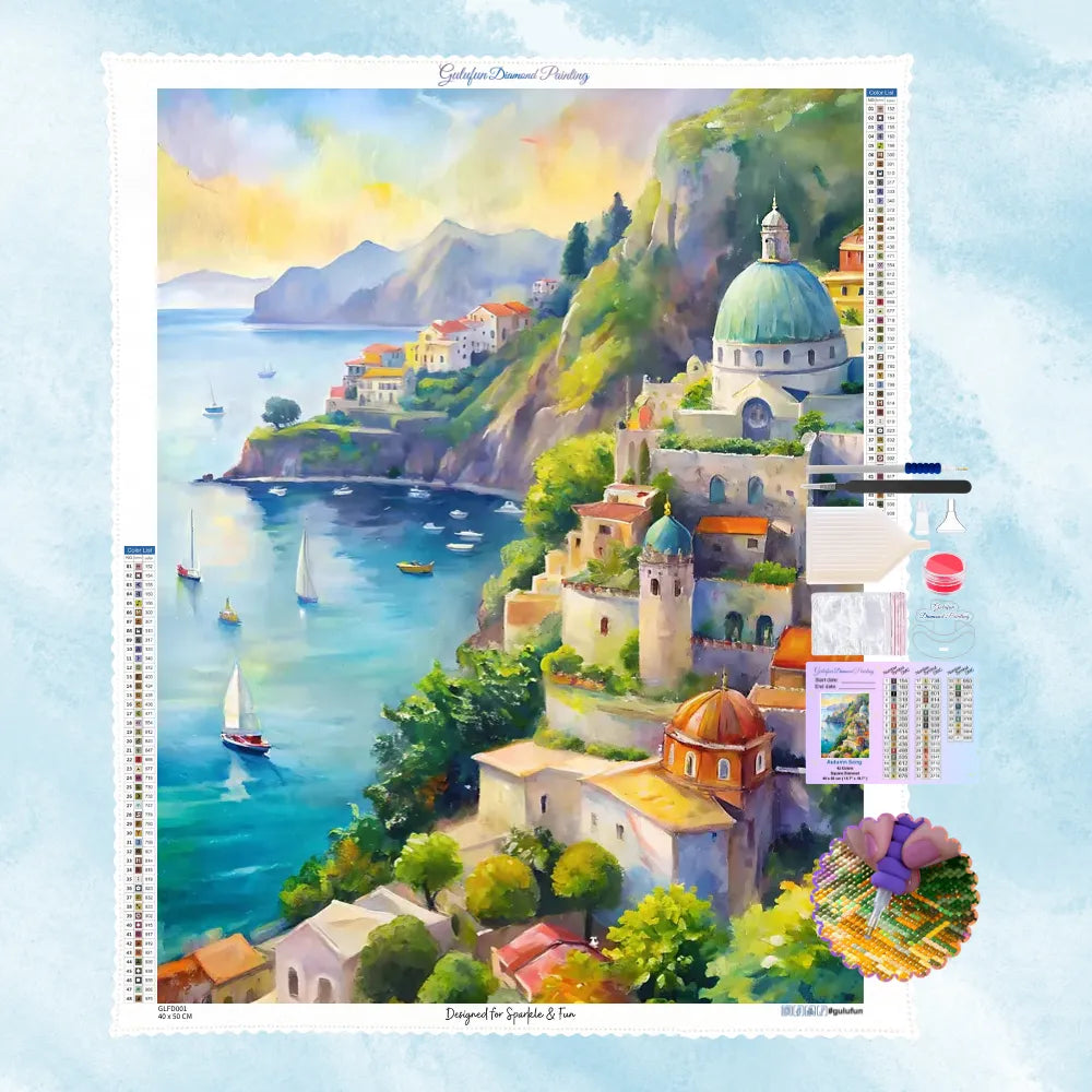 Diamantmalerei der italienischen Küste mit bunten Häusern am Hang, glitzerndem Meer und Segelbooten, malerisch im Aquarellstil