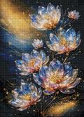 Fertiggestelltes 5D Diamond Painting Motiv von Kristallblüten im Sternenstaub als gerahmte Wanddekoration im Innenbereich