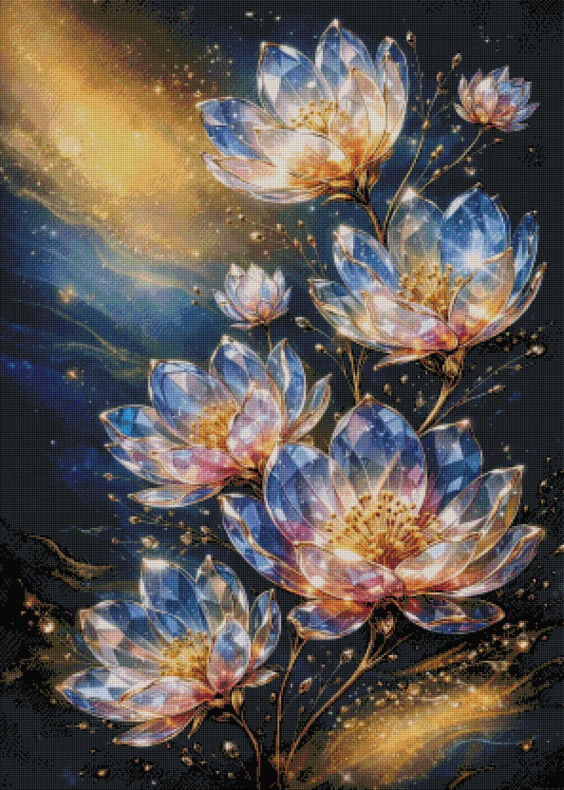 Fertiggestelltes 5D Diamond Painting Motiv von Kristallblüten im Sternenstaub als gerahmte Wanddekoration im Innenbereich