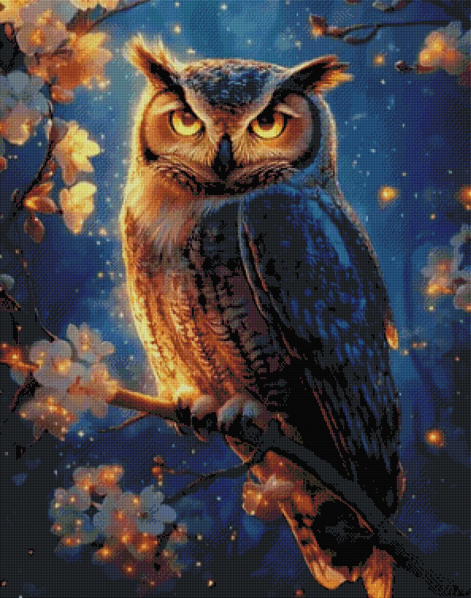 Fertiggestelltes 5D Diamond Painting Motiv einer magischen Eule im Blütenzauber als gerahmte Wanddekoration im Innenbereich