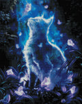 Fertiggestelltes 5D Diamond Painting Motiv einer mystischen Katze als gerahmte Wanddekoration im Innenbereich.