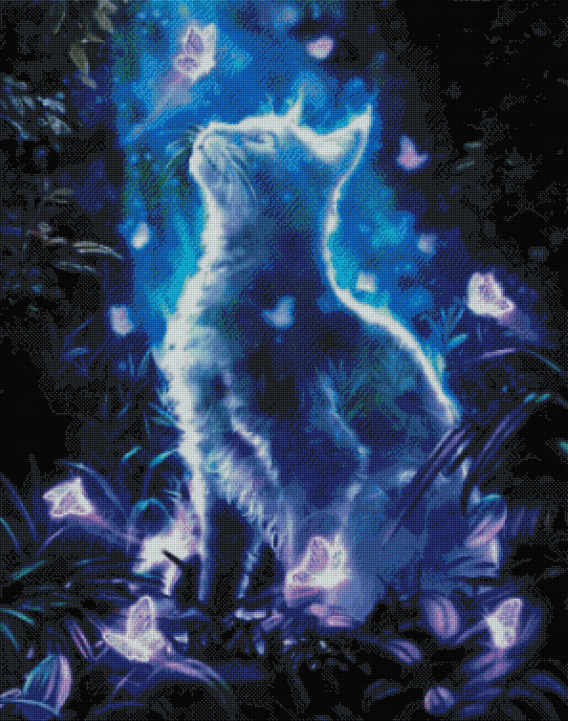 Fertiggestelltes 5D Diamond Painting Motiv einer mystischen Katze als gerahmte Wanddekoration im Innenbereich.