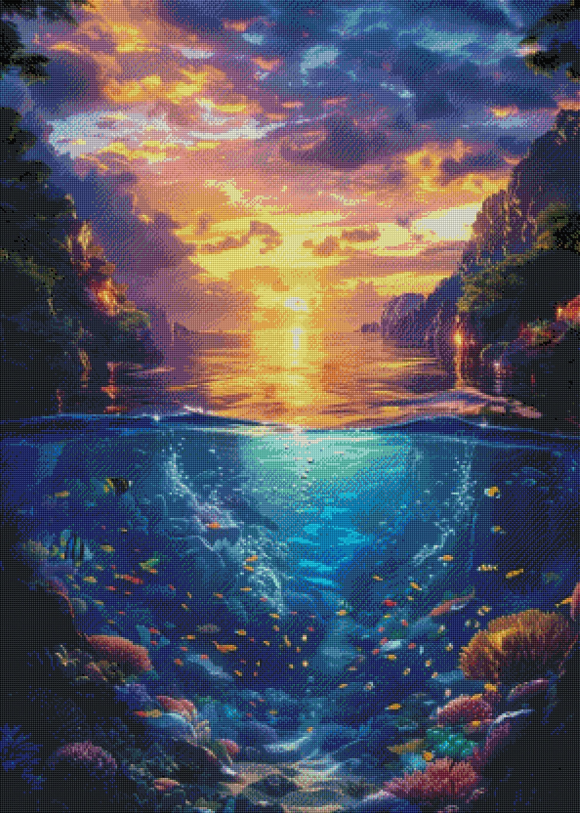 Fertiggestelltes 5D Diamond Painting Motiv eines geteilten Meeresbildes mit Sonnenuntergang und Korallenriff als gerahmte Wanddekoration im Innenbereich.