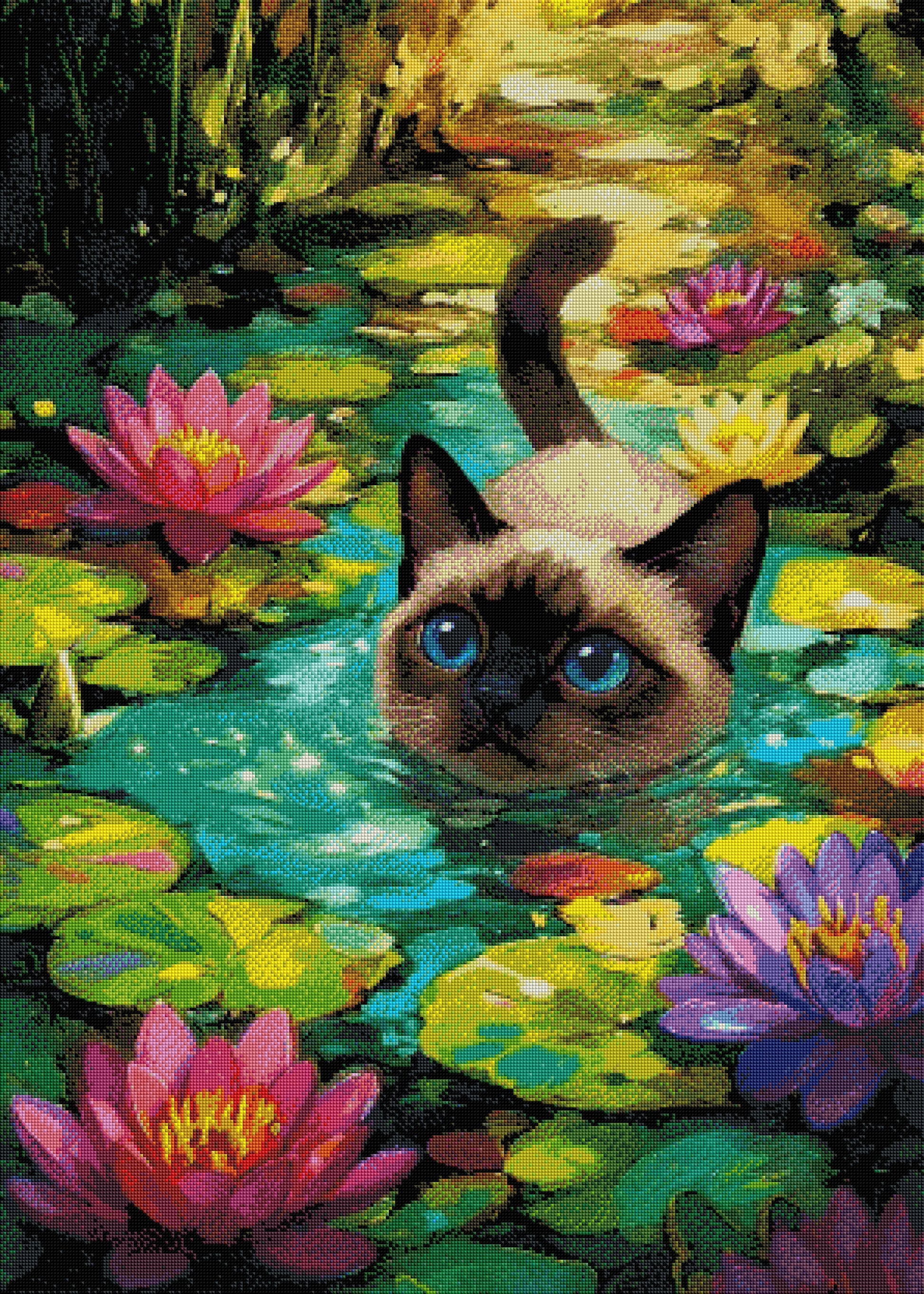 Fertiggestelltes 5D Diamond Painting Motiv einer neugierigen Siamkatze im Seerosenteich als gerahmte Wanddekoration im Innenbereich.
