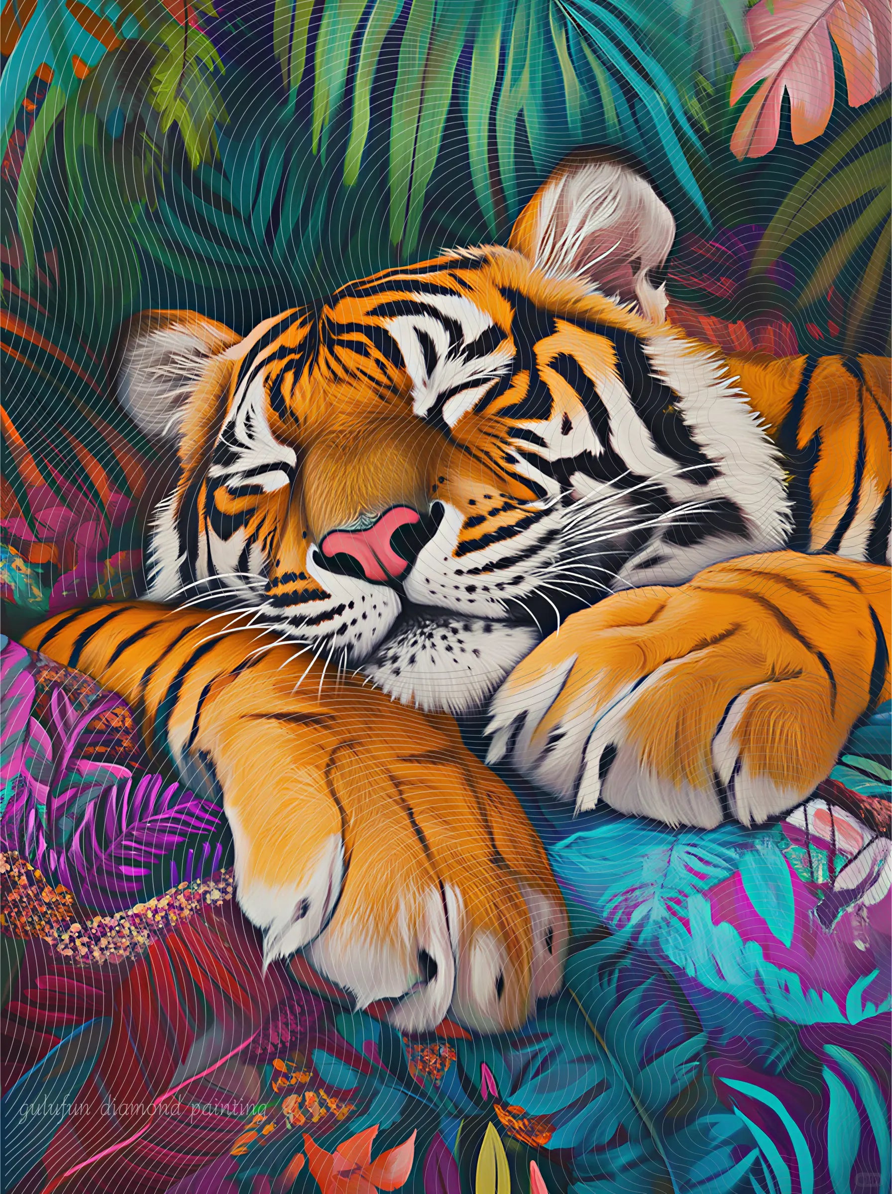 Künstlerische Darstellung eines schlafenden Tigers im farbenfrohen Dschungel im traumhaften Stil für Diamantmalerei