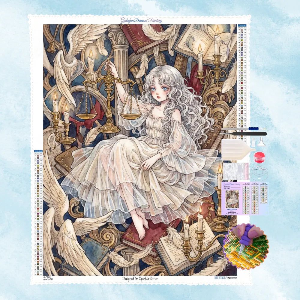5D Diamond Painting Set mit Anime-Mädchen, goldener Waage, Kerzen und antiken Büchern.