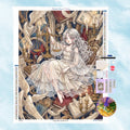 5D Diamond Painting Set mit Anime-Mädchen, goldener Waage, Kerzen und antiken Büchern.
