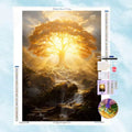 Diamond Painting Motiv eines leuchtenden goldenen Baumes des Lebens an einem mystischen Wasserfall