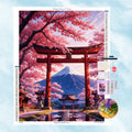 5D Diamond Painting Set mit Berg Fuji, rotem Torii-Bogen und rosafarbenen japanischen Kirschblüten.