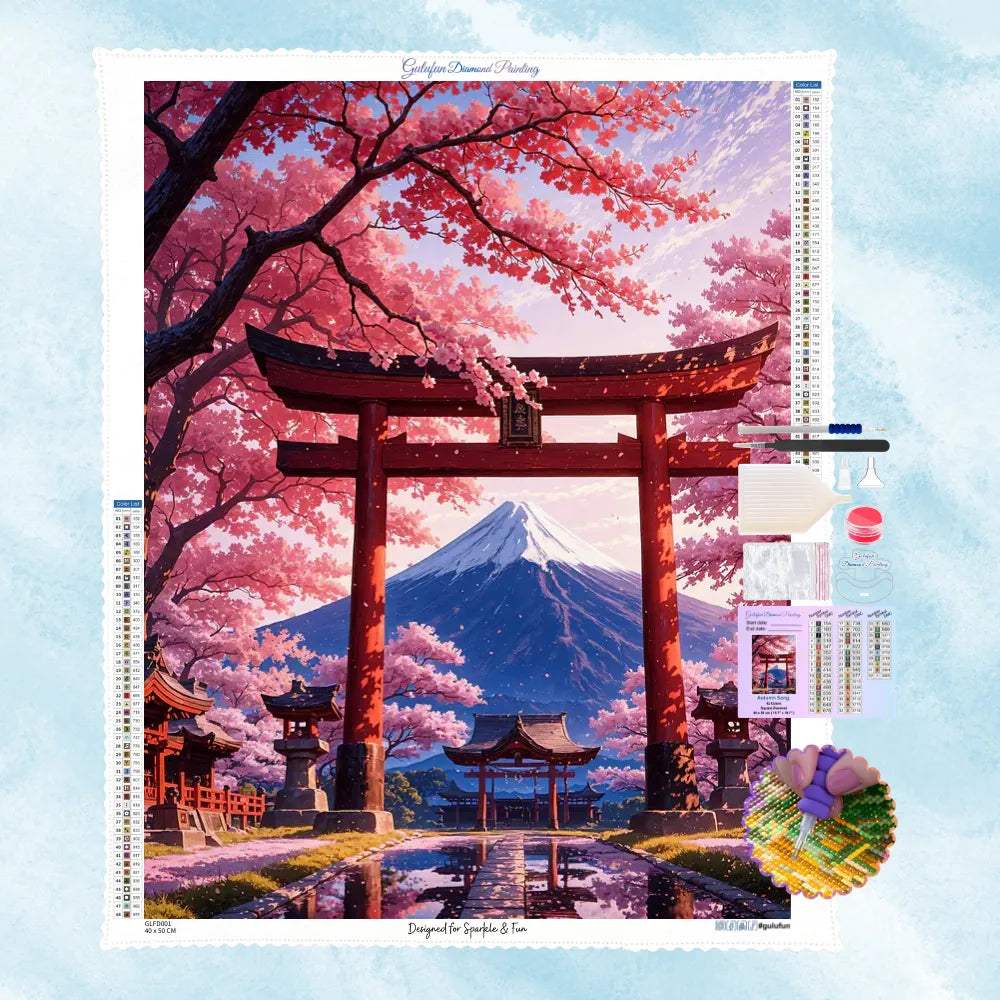 5D Diamond Painting Set mit Berg Fuji, rotem Torii-Bogen und rosafarbenen japanischen Kirschblüten.