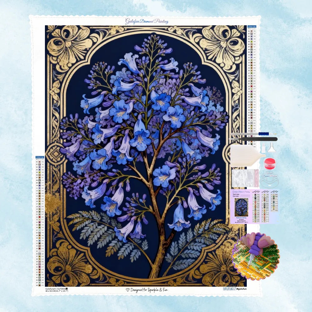 DIY Diamant-Mosaik Motiv von tiefblauen glockenartigen Blumen in einem edlen antiken Goldrahmen