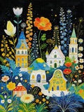 Fertiges Diamond Painting Bild eines bunten Blumendorfes als ausdrucksstarke Wanddekoration