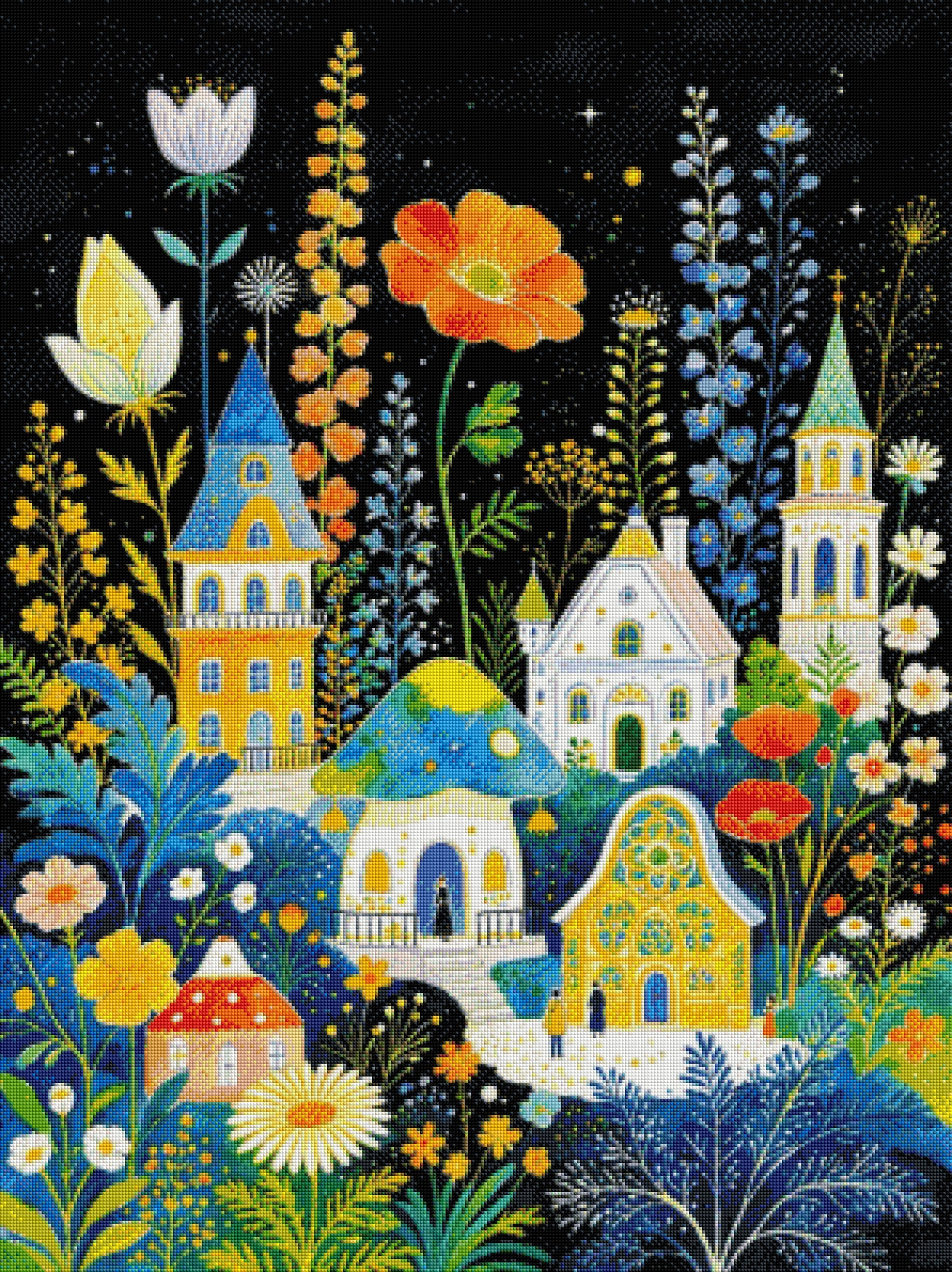 Fertiges Diamond Painting Bild eines bunten Blumendorfes als ausdrucksstarke Wanddekoration
