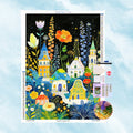 Diamond Painting Set mit bunten Märchenhäusern und riesigen Blumen unter dem Sternenhimmel