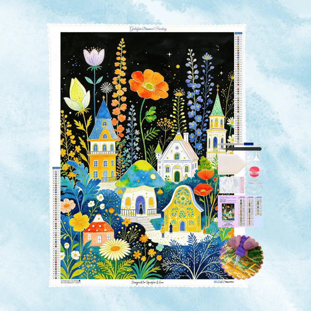 Diamond Painting Set mit bunten Märchenhäusern und riesigen Blumen unter dem Sternenhimmel