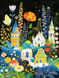 Original Illustration eines bunten Dorfes mit Pilzhäusern und Blumen für Diamond Painting
