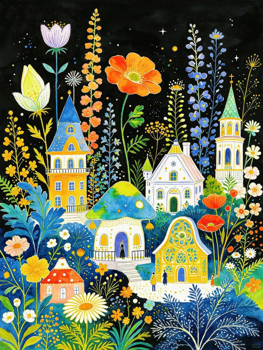 Original Illustration eines bunten Dorfes mit Pilzhäusern und Blumen für Diamond Painting