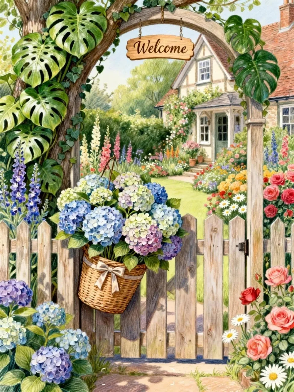Nahaufnahme der detailreichen Blumen und hochwertigen Steine für das Landhausgarten Diamond Painting Set