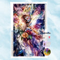 Diamond Painting Motiv einer wunderschönen Blumenfee umgeben von bunten magischen Blüten in einem Traumwald