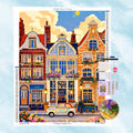 Diamond Painting Motiv einer bunten europäischen Altstadt mit historischen Häusern, vielen Blumen und einem klassischen Vintage-Auto an einem sonnigen Tag