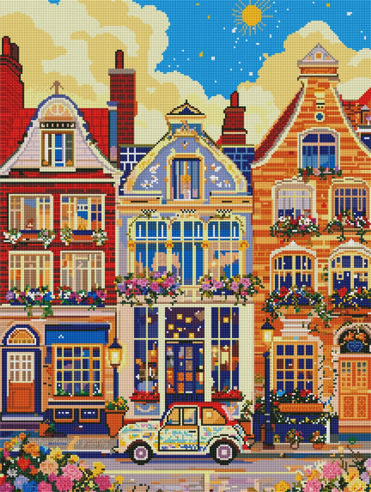 Pixel-Vorschau eines Diamond Painting Bildes mit farbenfrohen Hausfassaden und einem kleinen Retro-Auto.