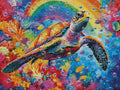 Gerahmtes 5D Diamond Painting Wandbild mit dem Motiv einer bunten Meeresschildkröte zur Raumdekoration.
