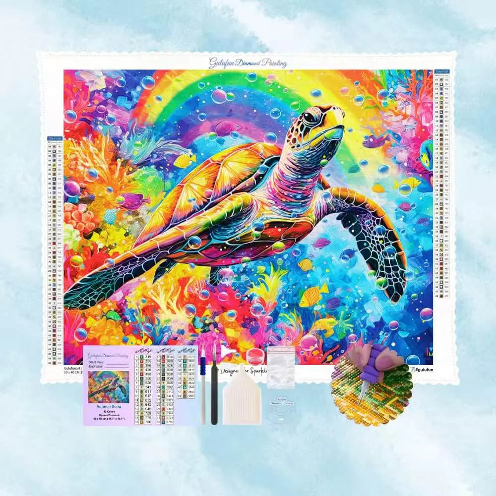 Diamond Painting Motiv einer extrem farbenfrohen Meeresschildkröte im Ozean mit Regenbogen und Korallenriff