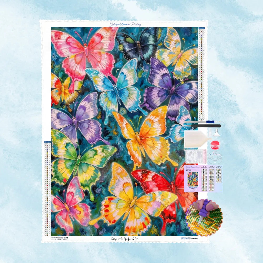 5D Diamond Painting Set mit einem Schwarm farbenfroher Schmetterlinge auf blauem Hintergrund.