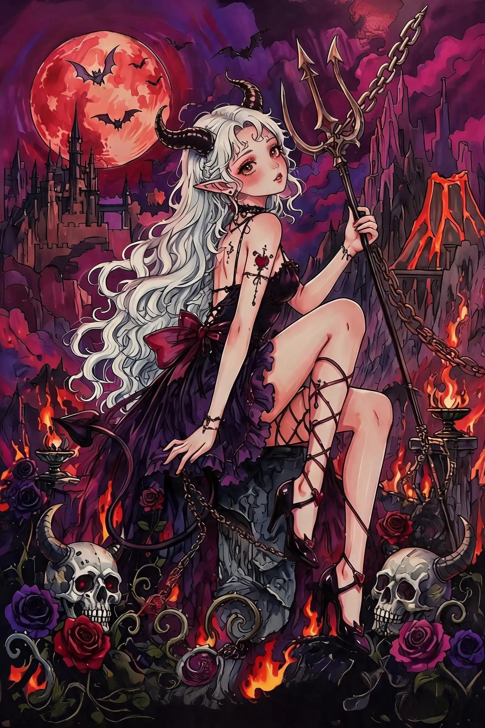 Diamond Painting Motiv einer mystischen Dämonenprinzessin mit funkelnden Details und dunkler Eleganz.