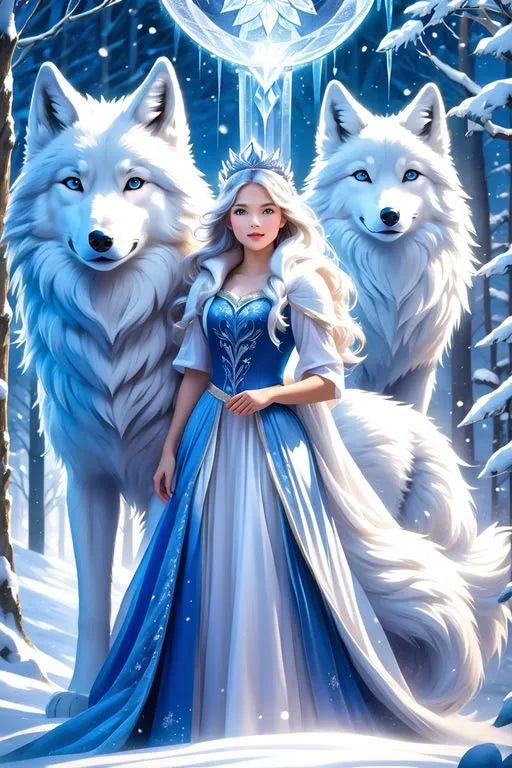 Diamond Painting Motiv Eisprinzessin im blauen Kleid mit zwei weißen Wölfen im Winterwald
