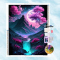 5D Diamond Painting Set einer magischen Fantasy-Landschaft mit leuchtendem Wasserfall, Bergen und großem Mond in Neonfarben