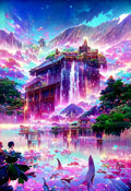 Nahaufnahme der leuchtenden Neonfarben und hochwertigen Steine für das magische Wasserfall Diamond Painting Set