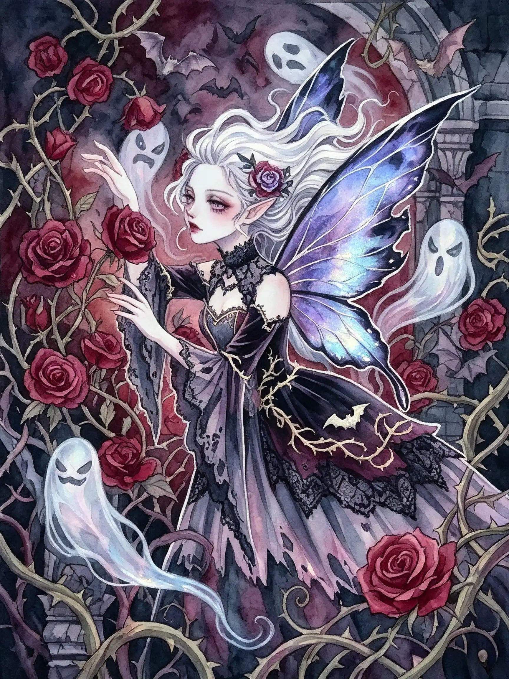 Diamond Painting Darstellung einer ätherischen Geisterfee mit sanften Lichtern und magischer Ausstrahlung.