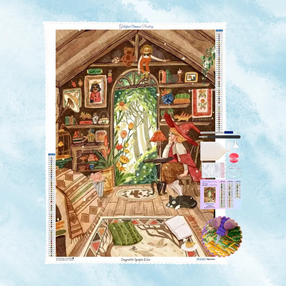 Gemütliches Diamond Painting Set mit Hexe und schwarzer Katze im Holzhäuschen mit Waldblick