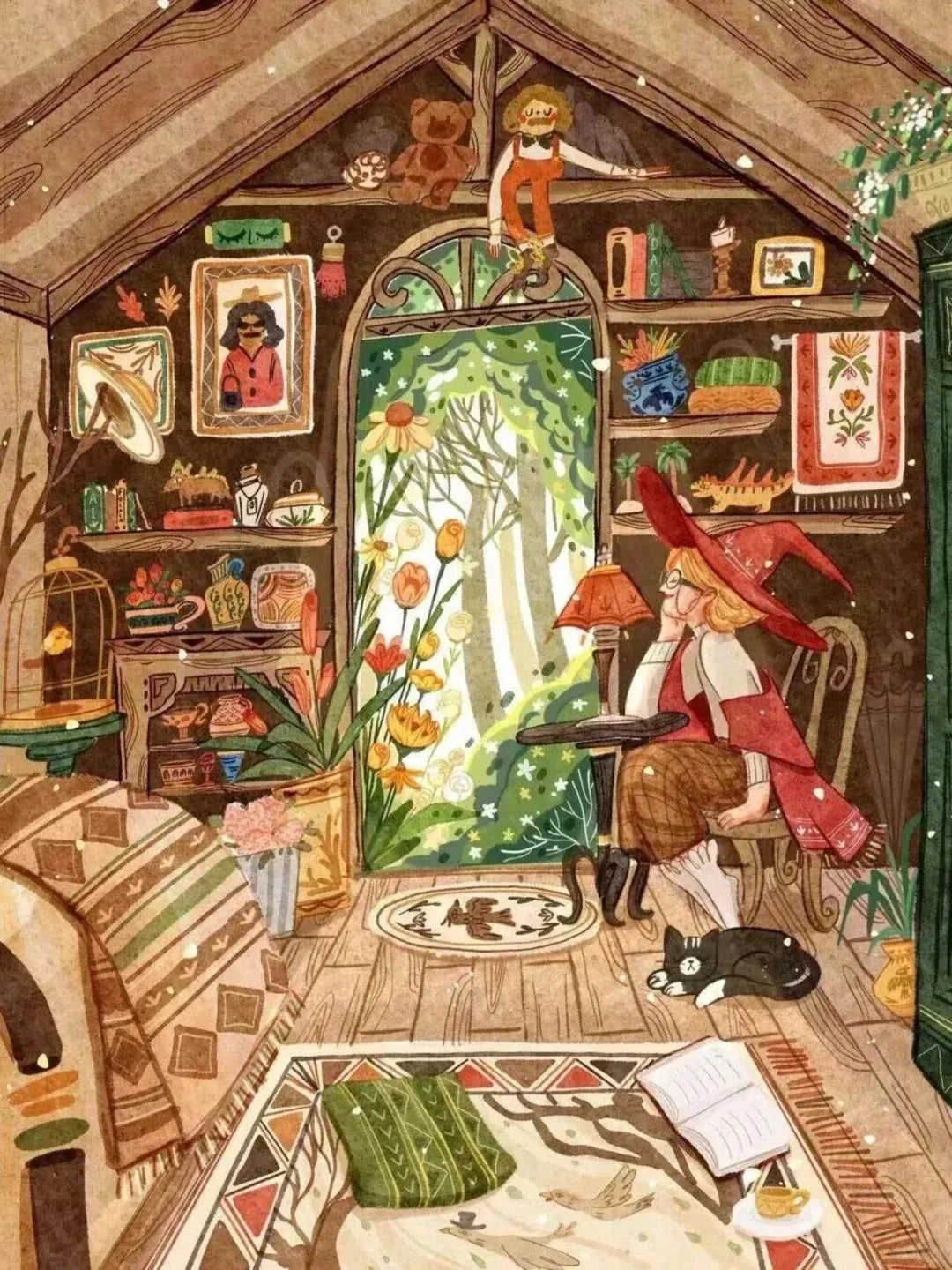 Original Illustration einer Hexe im gemütlichen Dachzimmer mit Katze für Diamond Painting