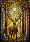 Gerahmtes 5D Diamond Painting Wandbild mit dem Motiv eines goldenen Hirsches im Buntglas-Wald zur Raumdekoration.