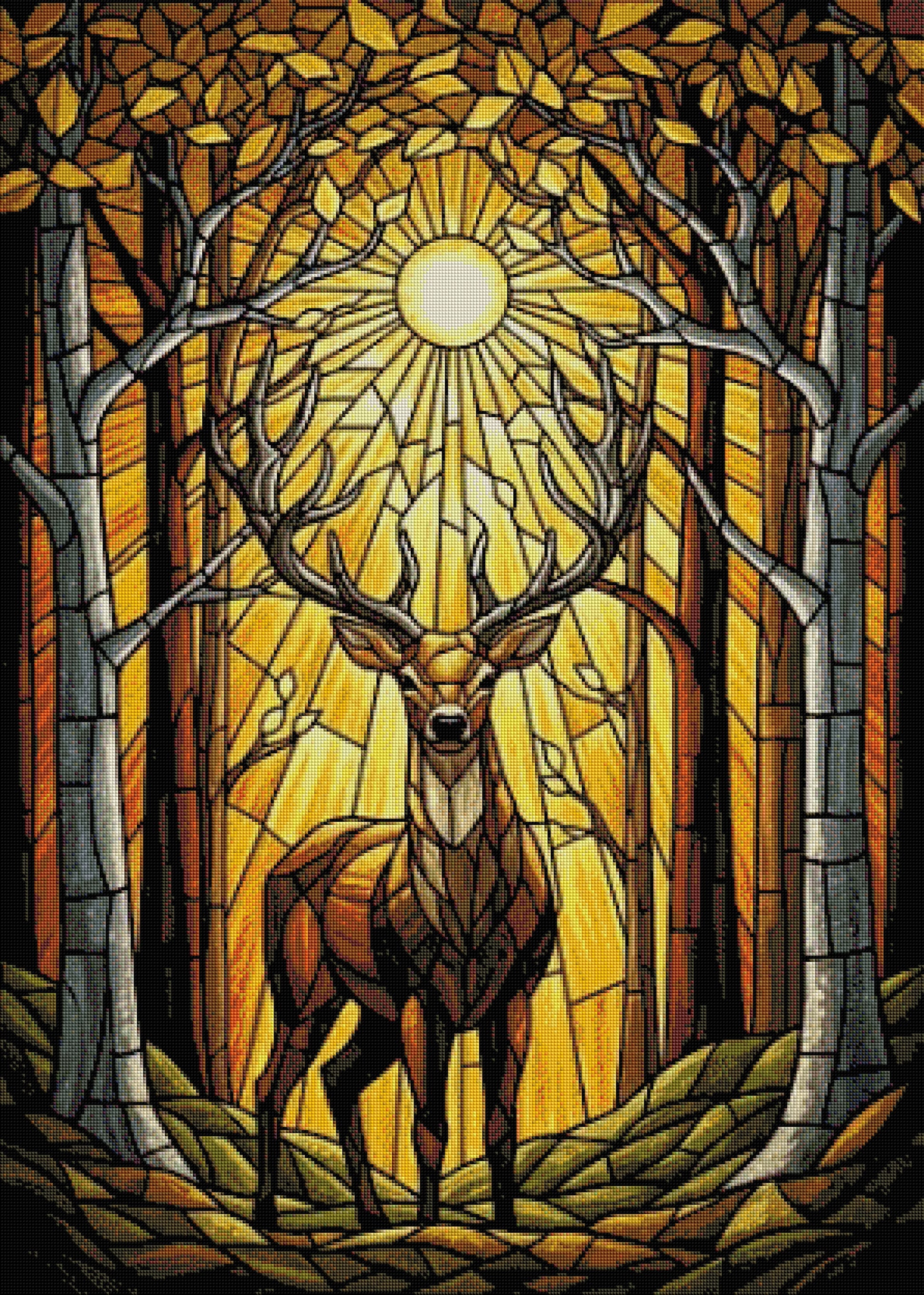 Gerahmtes 5D Diamond Painting Wandbild mit dem Motiv eines goldenen Hirsches im Buntglas-Wald zur Raumdekoration.
