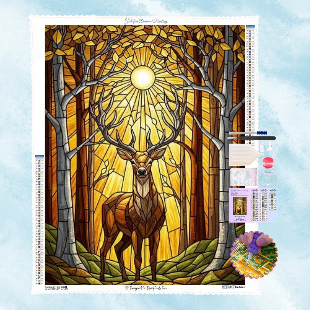 5D Diamond Painting Motiv: Ein majestätischer Hirsch im herbstlichen Wald, gestaltet im leuchtenden Buntglas-Stil mit warmen Sonnenstrahlen und Goldtönen.