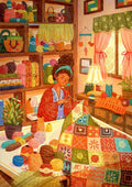 Original Kunst-Illustration einer Frau mit Handarbeit und Wolle für Diamond Painting