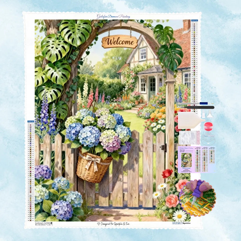 Diamond Painting Motiv eines idyllischen Landhausgartens mit einem Willkommensschild am Holztor und blühenden Hortensien
