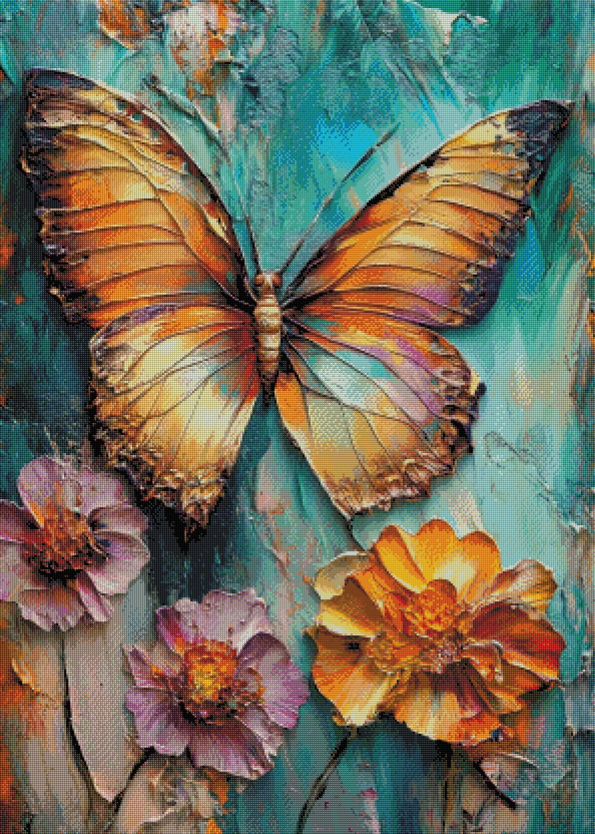 Gerahmtes 5D Diamond Painting Wandbild mit dem Motiv eines Impasto-Schmetterlings in Türkis und Orange zur Raumdekoration.