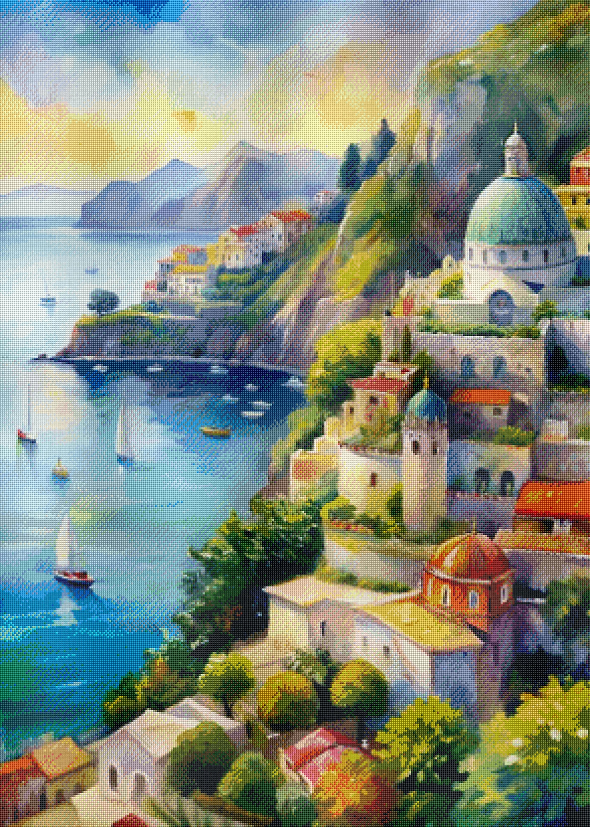 Fertiggestelltes, gerahmtes 5D Diamond Painting-Mosaik-Wandbild der malerischen italienischen Küste (Amalfi/Positano) in einem sonnigen mediterranen Zimmer, mit funkelnden Kunstharzsteinen.