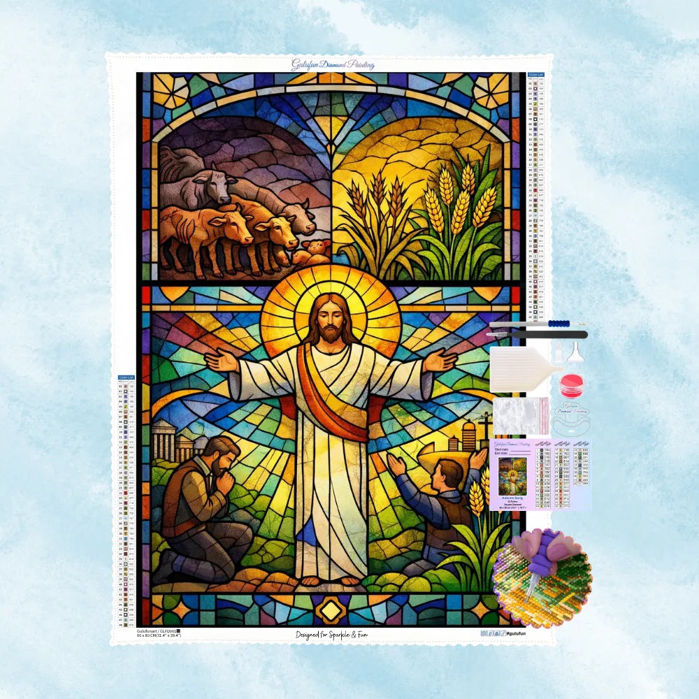 5D Diamond Painting Set mit einem farbenprächtigen Jesus-Motiv im Kirchenfenster-Stil mit Weizen und Tieren.
