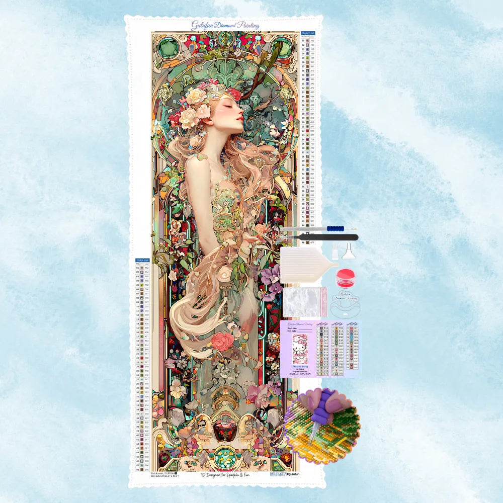 Diamond Painting Motiv im Jugendstil: Eine elegante Frau mit Blumen im Haar und fließenden Gewändern
